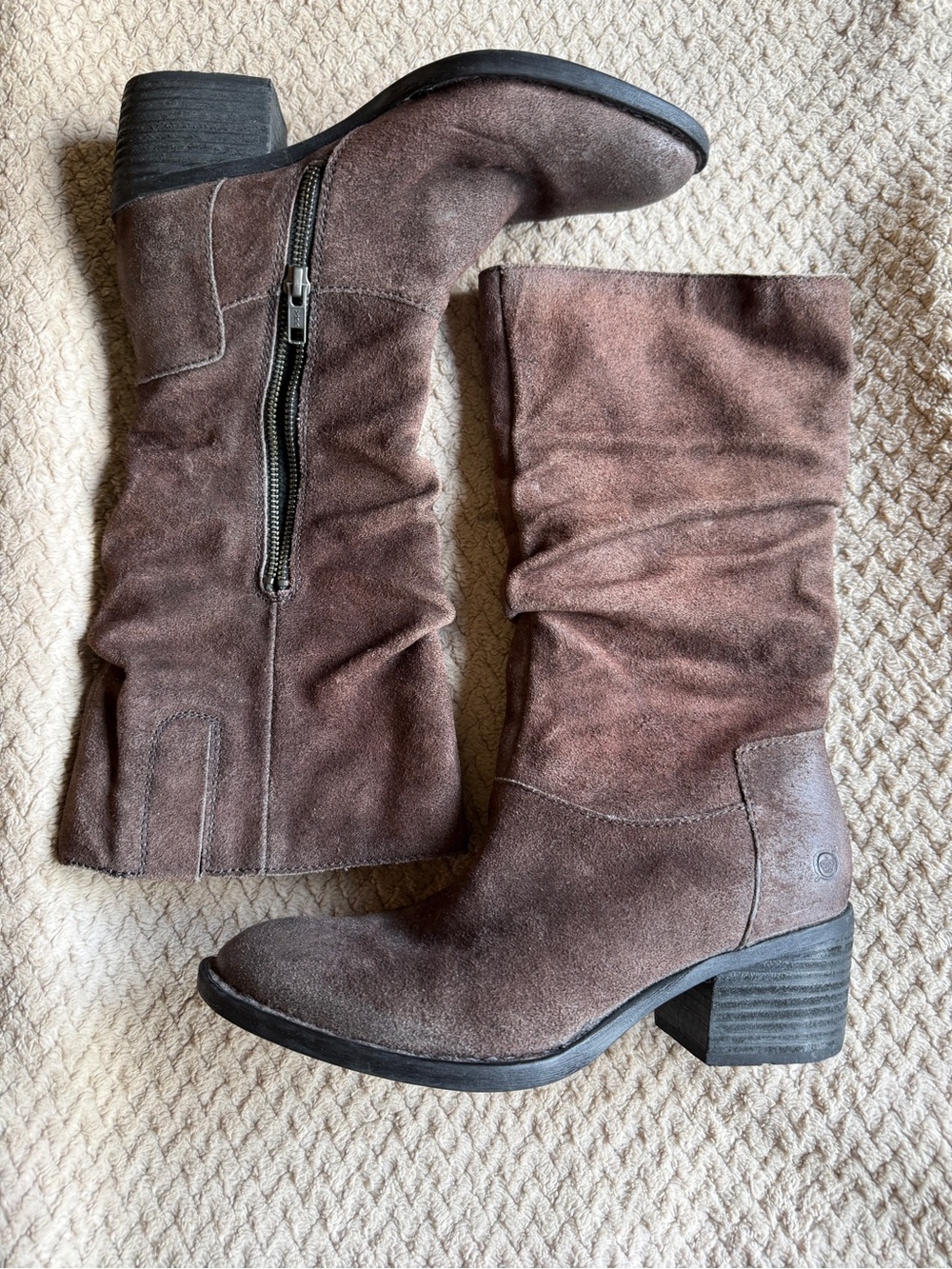Women's Brown Suede Mid-Calf Block Heel Zip Boots